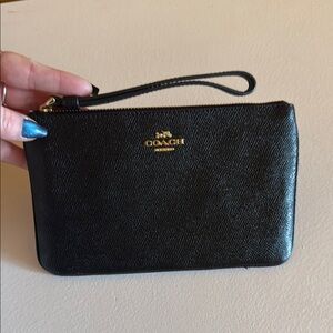 Coach Black Leather Wristlet Clutch with Gold Logo